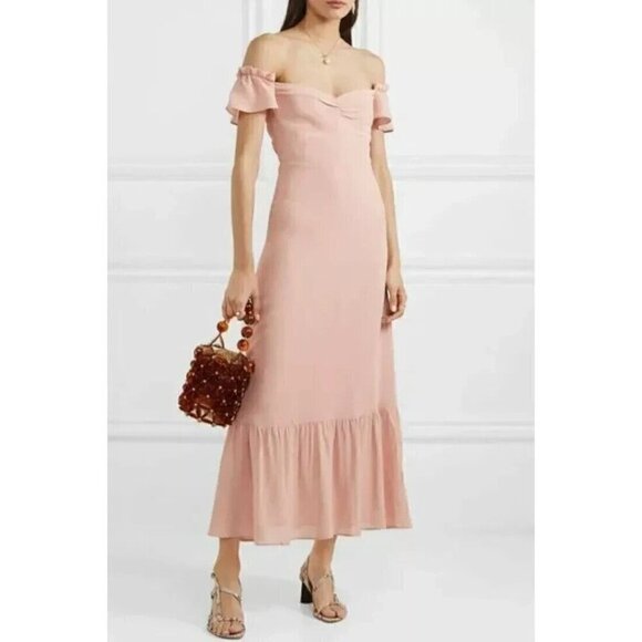 Reformation Off-the-Shoulder Crepe Ruffle Midi Dress Blush Pink size 6 Petite - Picture 2 of 8